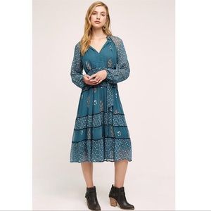 Anthropologie Eliza Tiered Kopal Boho Teal Peasant Dress Size XS $288